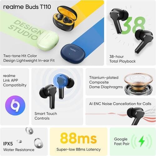 Fone de Ouvido Realme Buds T110 Bluetooth 5.4 IPX5 Original